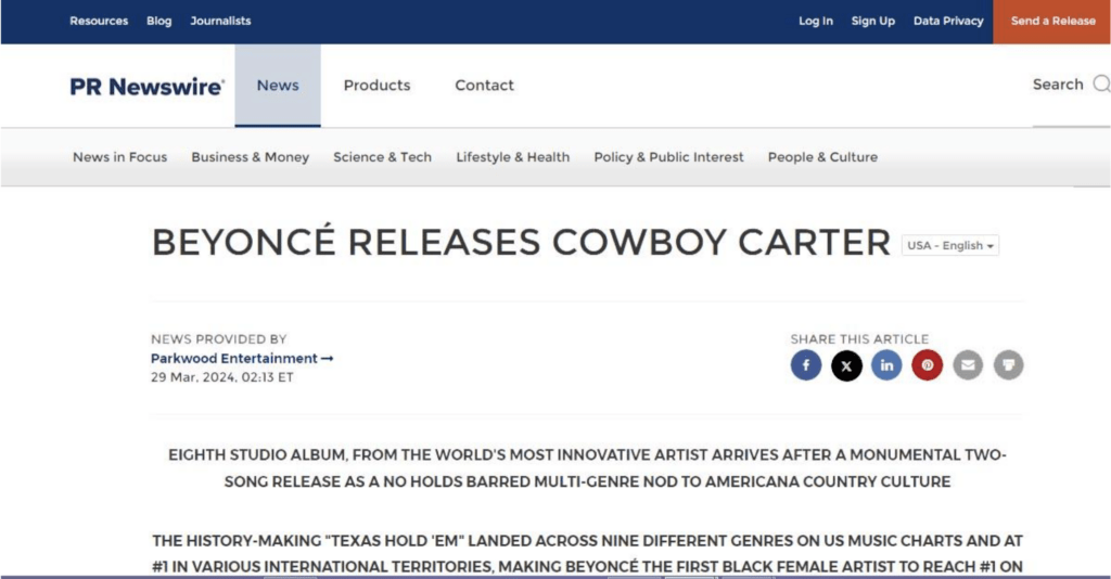 the press release by Parkwood Entertainment keeps its headline short